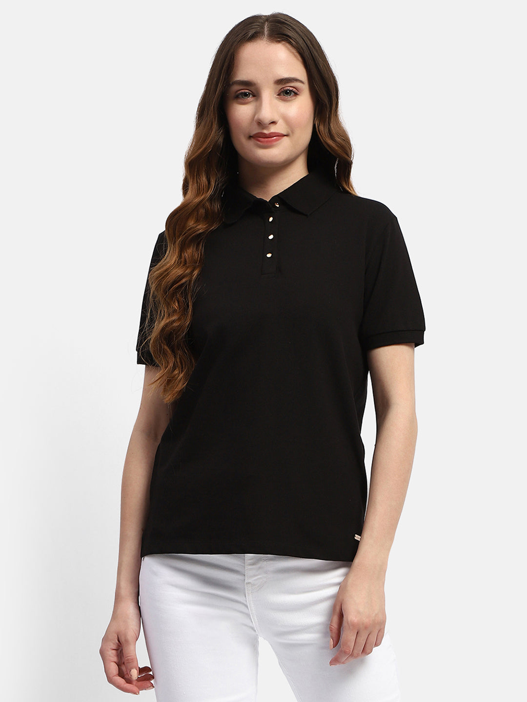 Madame Solid Black Polo Neck T-Shirt