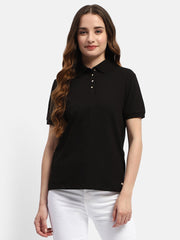 Madame Solid Black Polo Neck T-Shirt