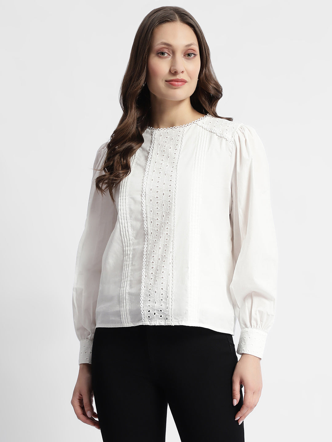 Madame Schiffli Adorned Puff Sleeve White Top