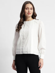 Madame Schiffli Adorned Puff Sleeve White Top