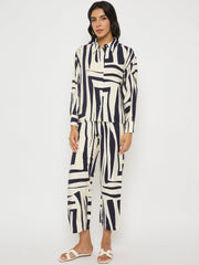 Madame Colorblock Top And Bottoms Rayon Blend Navy Blue Co-Ord Set