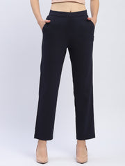 Madame Solid Navy Blue Straight Fit Trousers