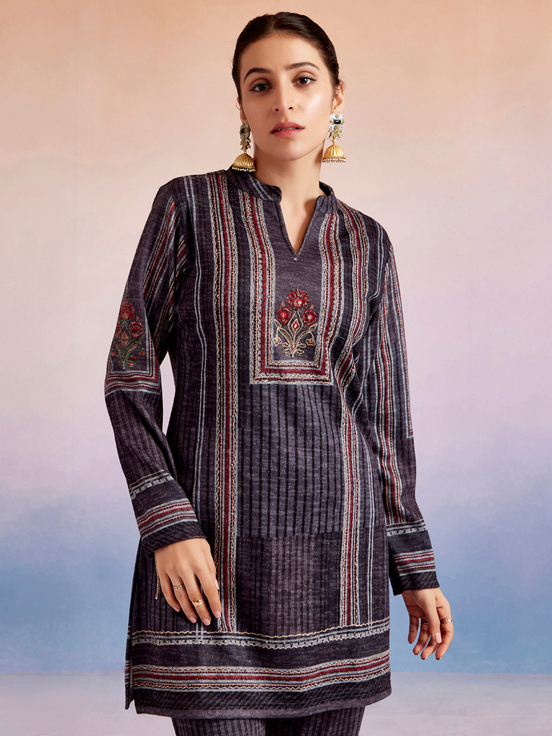 Grey Embroidered Woolen Co-Ord Set