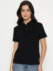 Madame Solid Black Cotton Blend T-Shirt