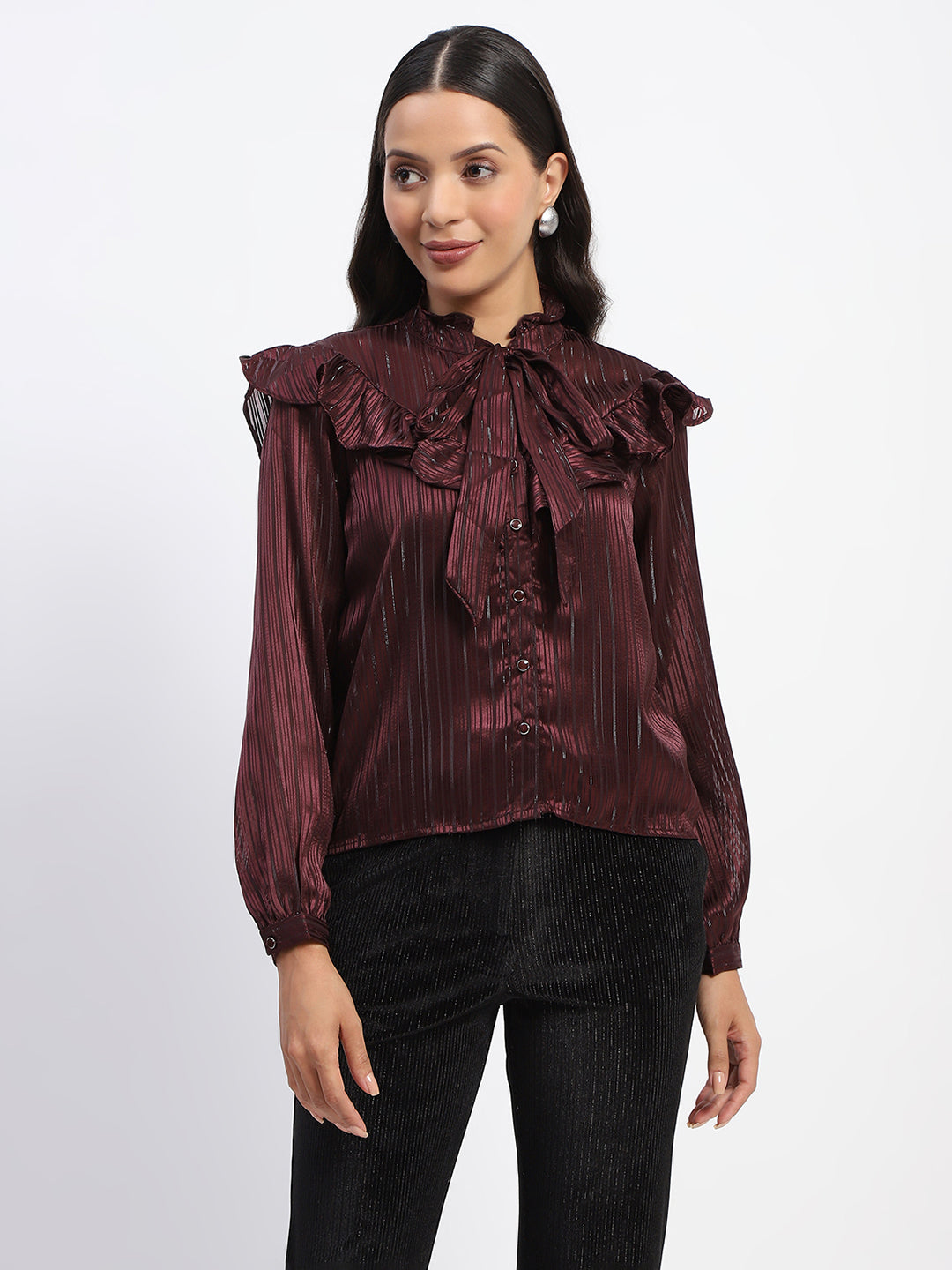 Madame Tie Knot Frill Necked Striped Wine Top