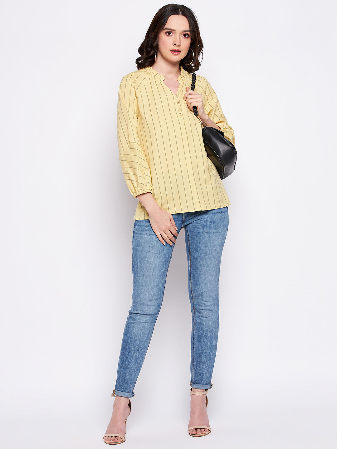 Madame Mustard Frill-Neckline Striped Top