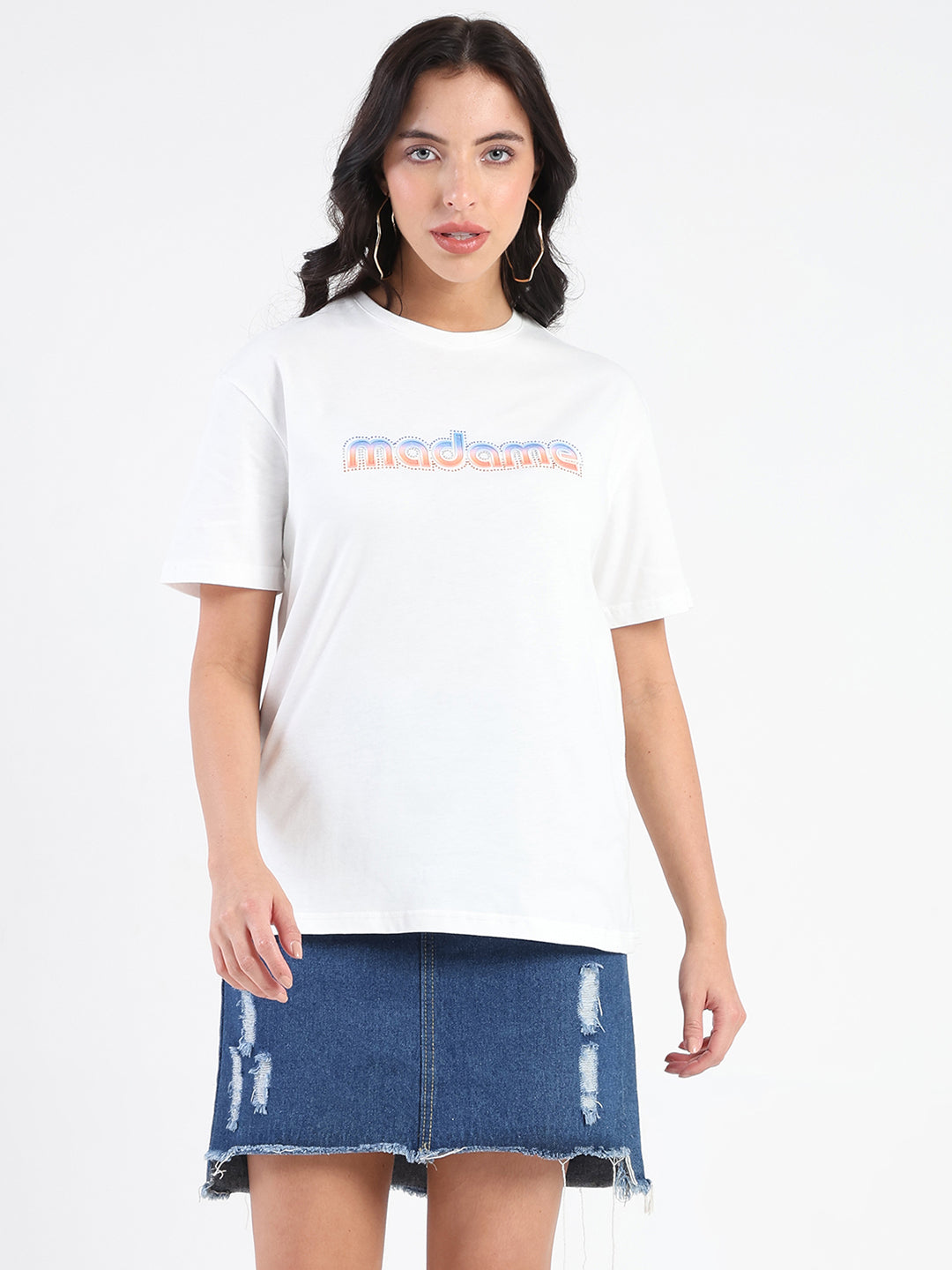 White Madame Ladies Western top with long sleeves, high neckline, and Western-inspired design, perfect for casual or Western-style outfits.