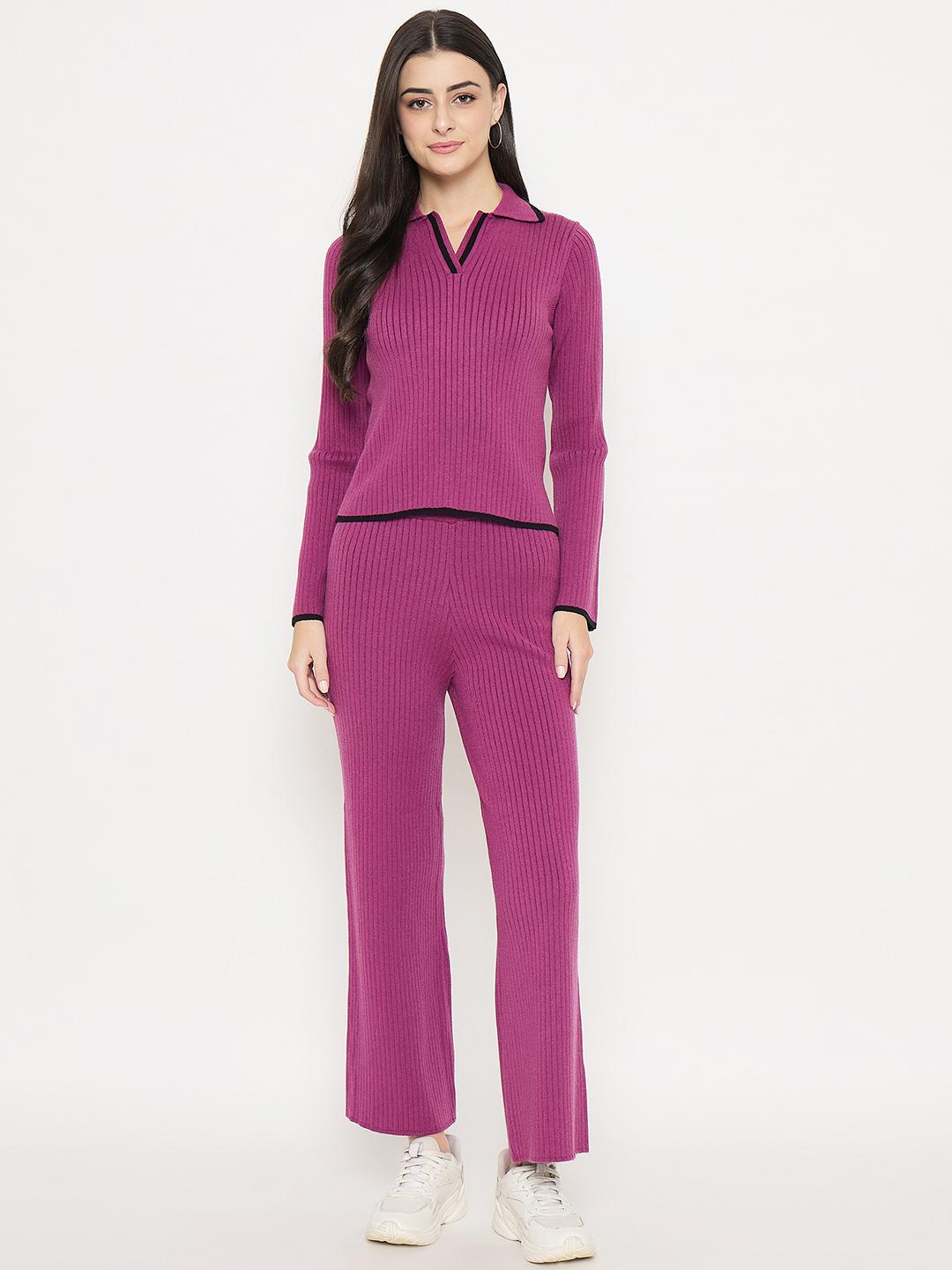Madame Contrast Trim Top And Solid Bottoms Purple Knitted Co-Ord Set