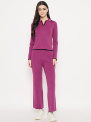 Madame Contrast Trim Top And Solid Bottoms Purple Knitted Co-Ord Set