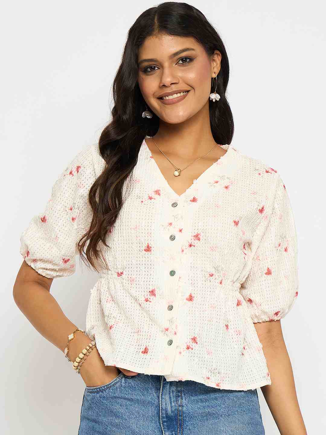 Red Madame ladies Western top with short sleeves, casual style, and detailed stitching, perfect for Western-inspired fashion.
