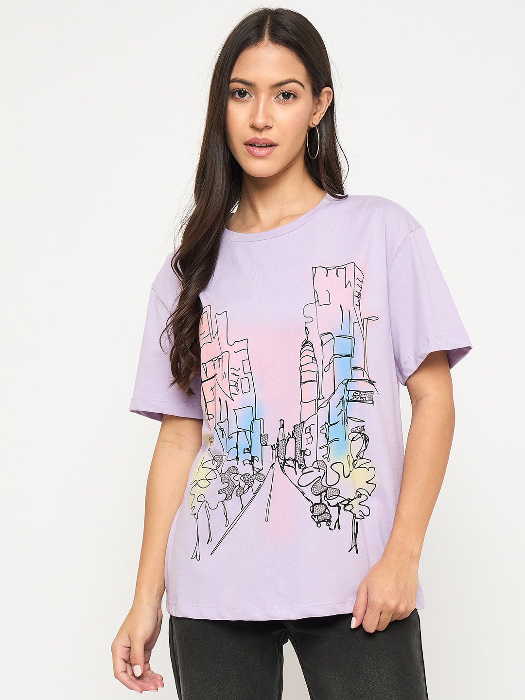 Madame Swarovski Detail Graphic Print Cotton Lilac T-Shirt