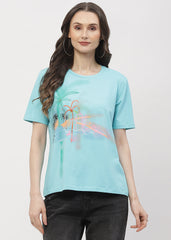 Madame Graphic Print Aqua Blue Regular T- Shirt