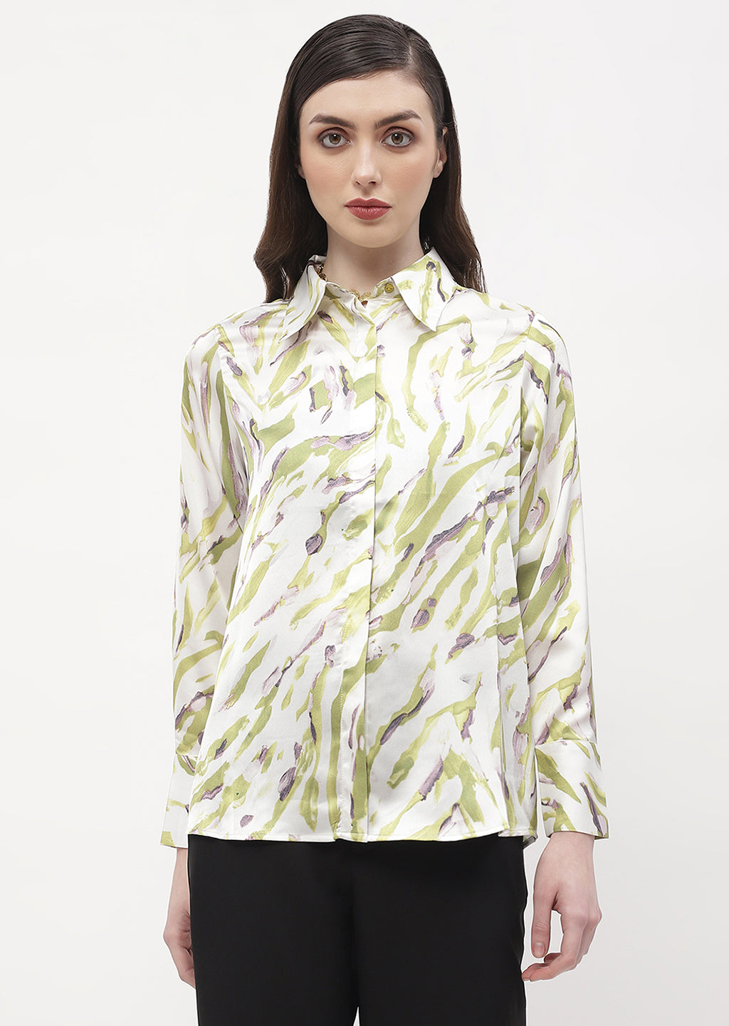 Madame Abstract Print Olive Green Regular Shirt