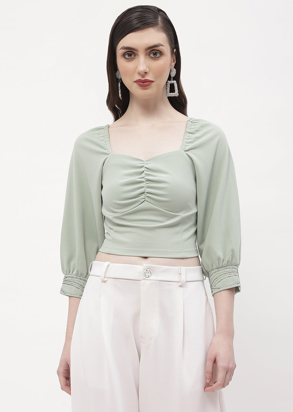 Madame Sweetheart Neck Sage Green Embellished Cuffs Top