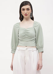 Madame Sweetheart Neck Sage Green Embellished Cuffs Top