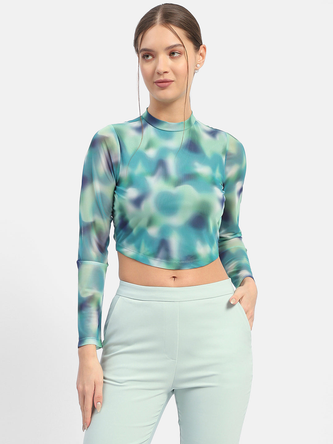 Madame Abstract Print Mint Green Asymmetrical Hem Top