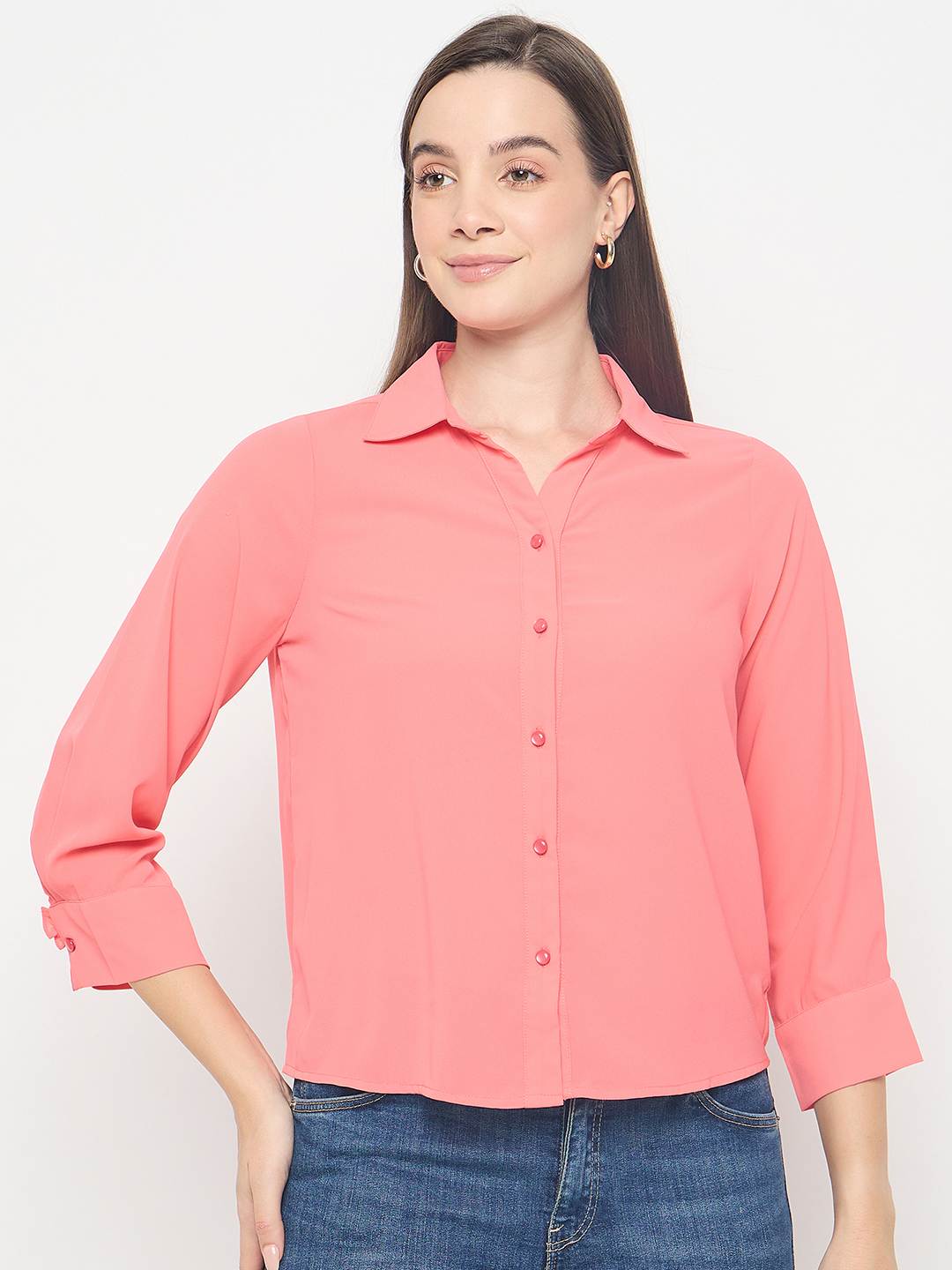 Madame Solid Cuff Sleeve Coral Shirt