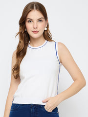 Madame Contrast Trim Sleeveless Blue Knitted Top