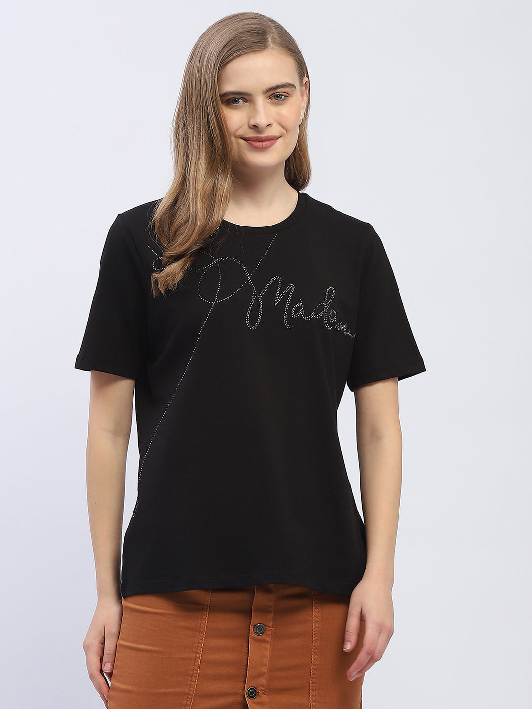 Madame Embellished Typography Black Regular T-Shirt