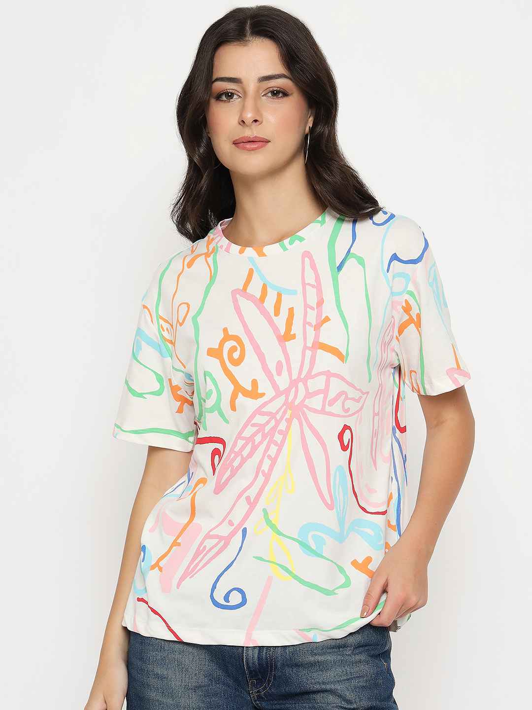 Madame All Over Print Half Sleeve White Cotton T-Shirt