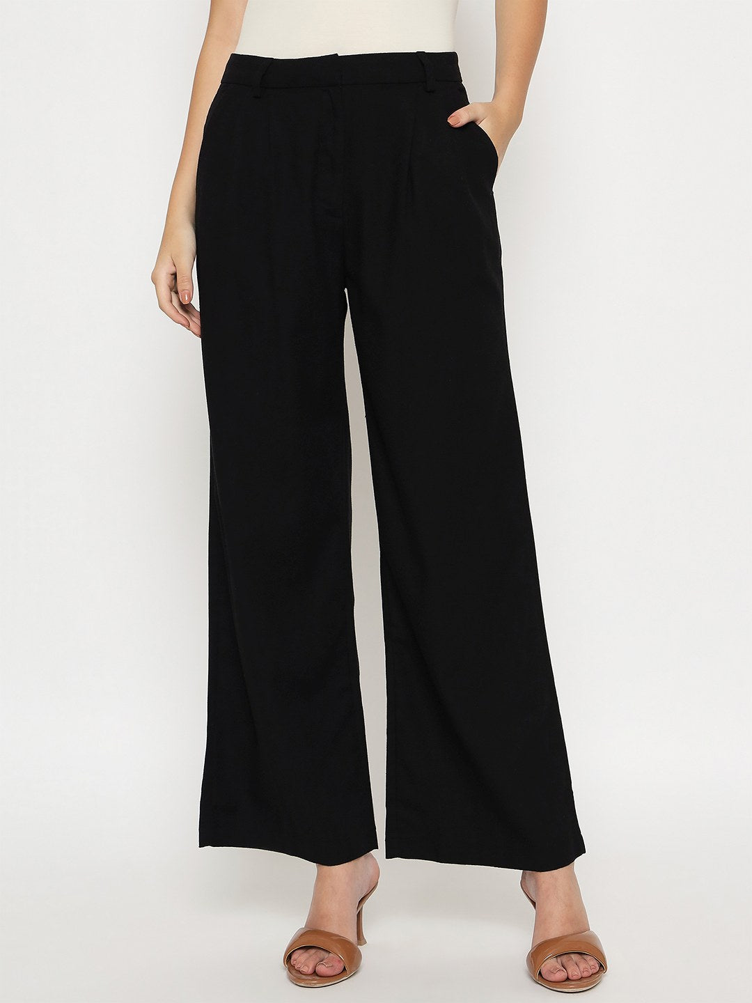 Madame Cotton Blend Black Wide Leg Trousers