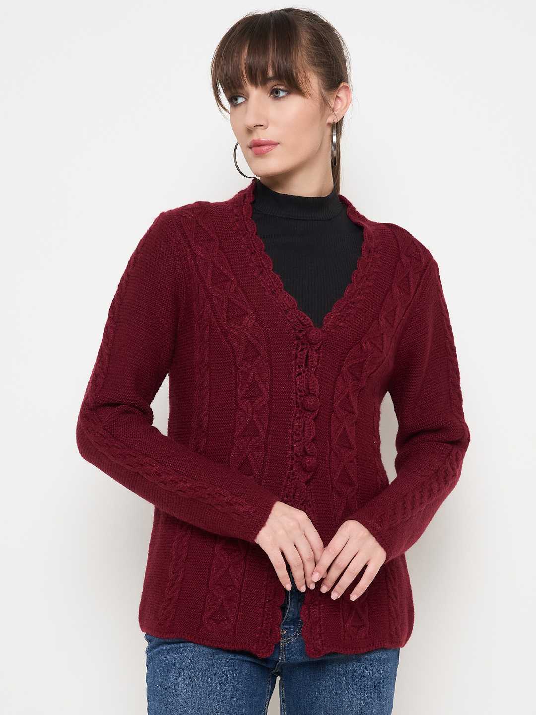 Madame Maroon Cable Knit Acrylic Cardigan