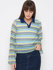 Madame Crochet Contrasting Collar Blue Top