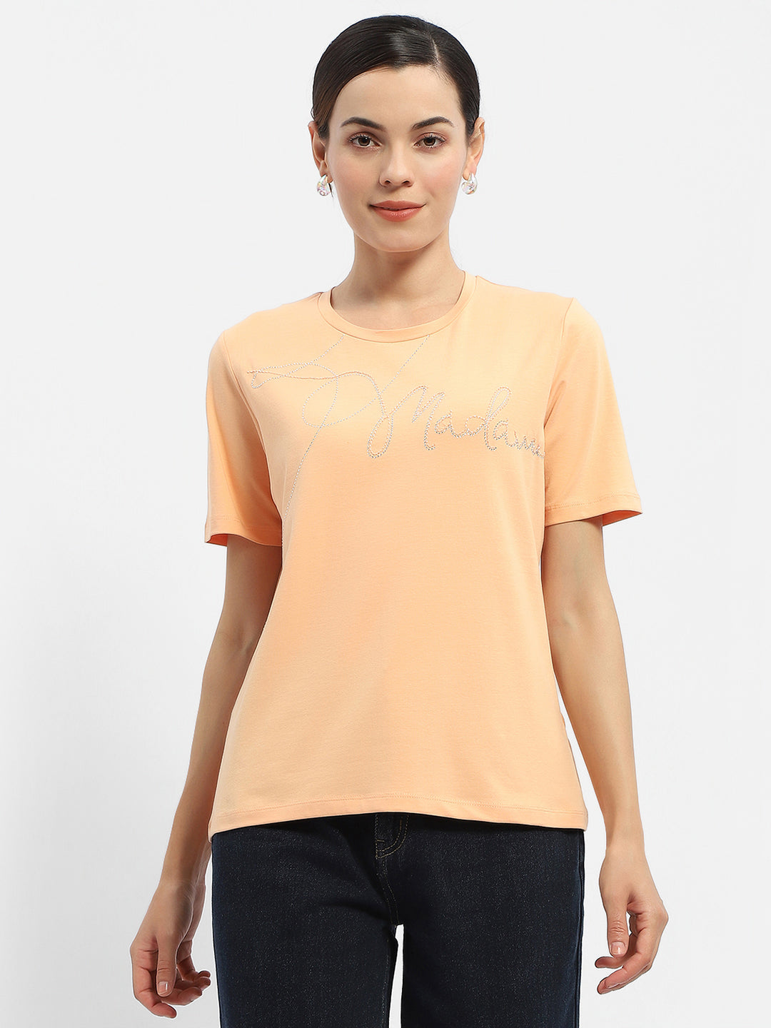 Madame Embellished Typography Peach Regular T-Shirt