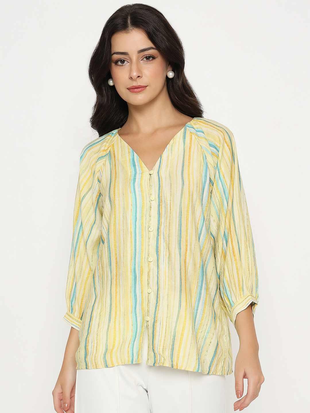 Madame Striped Rayon Blend Yellow Top