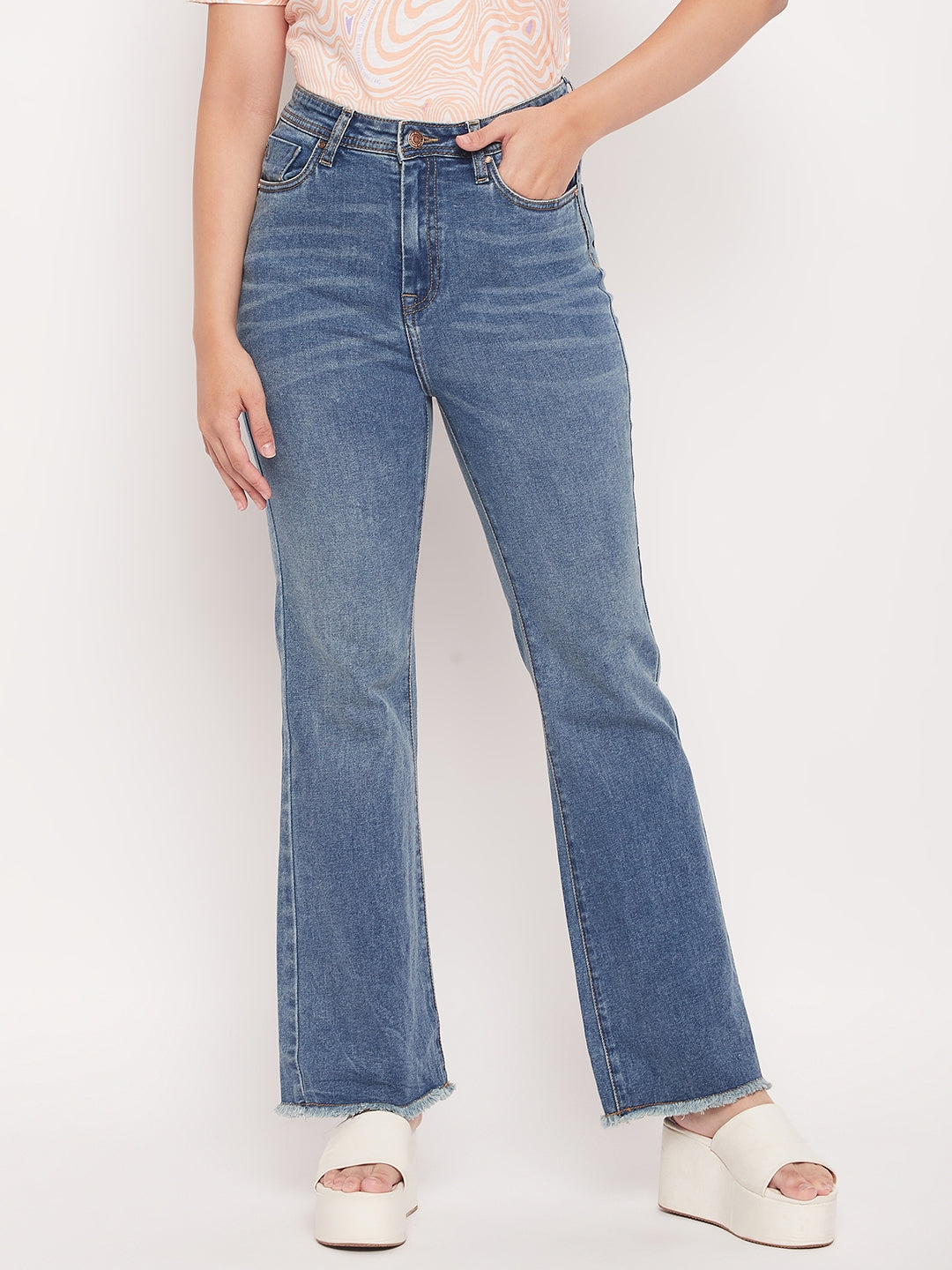 Madame Light Blue Fade Raw Hem Flared Jeans