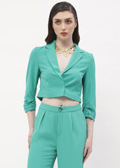 Madame Ruched Sleeve Green Lapel Collar Crop Blazer