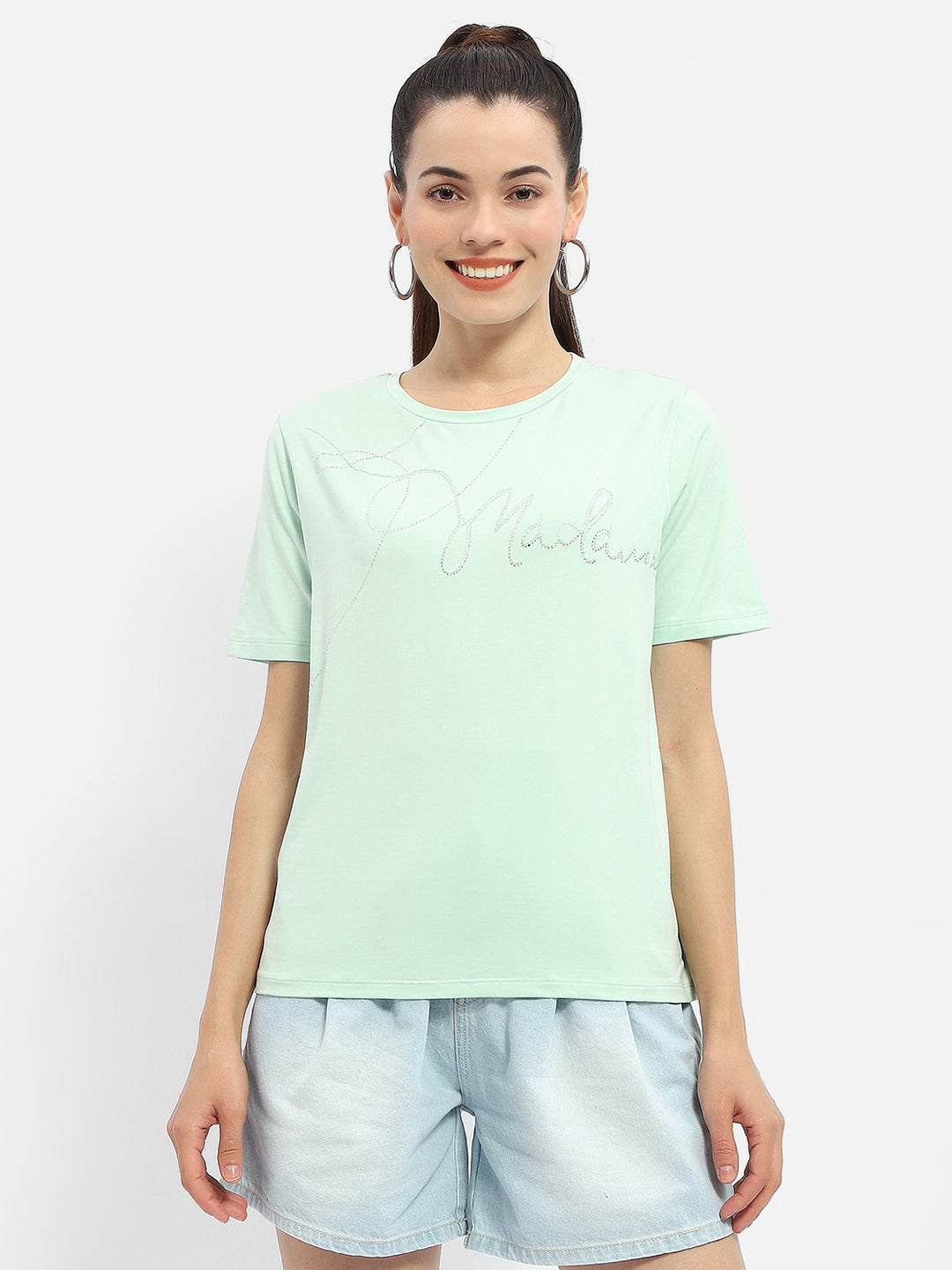 Madame Embellished Typography Mint Regular T-Shirt