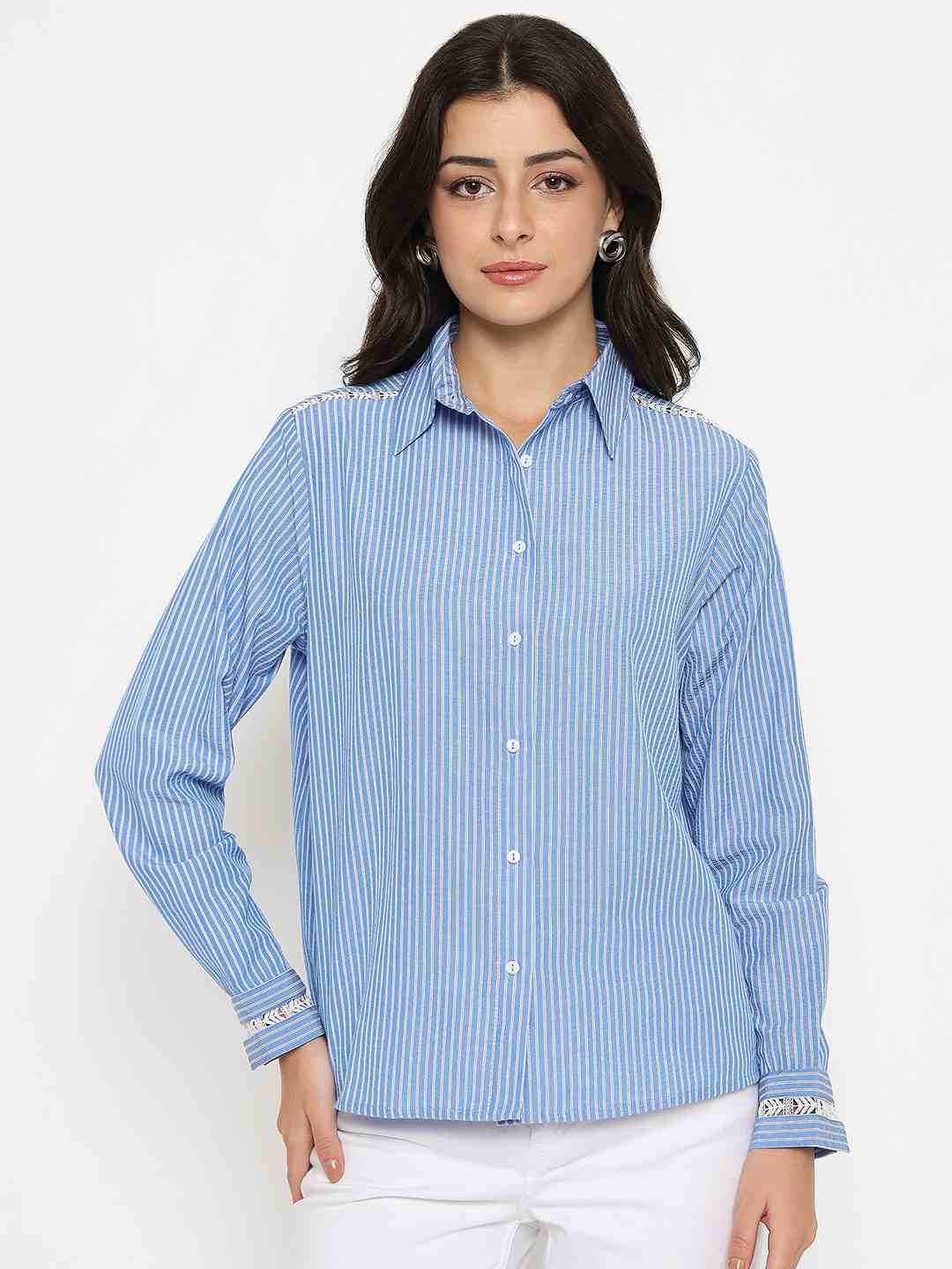 Madame Textured Embroidered Accents Blue Shirt