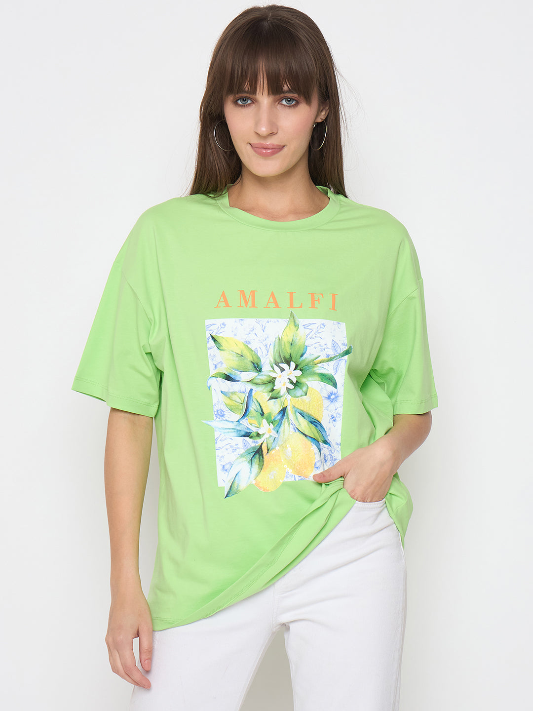 Madame botanical print short sleeve green cotton blend t-shirt for ladies, western-style upper casual top