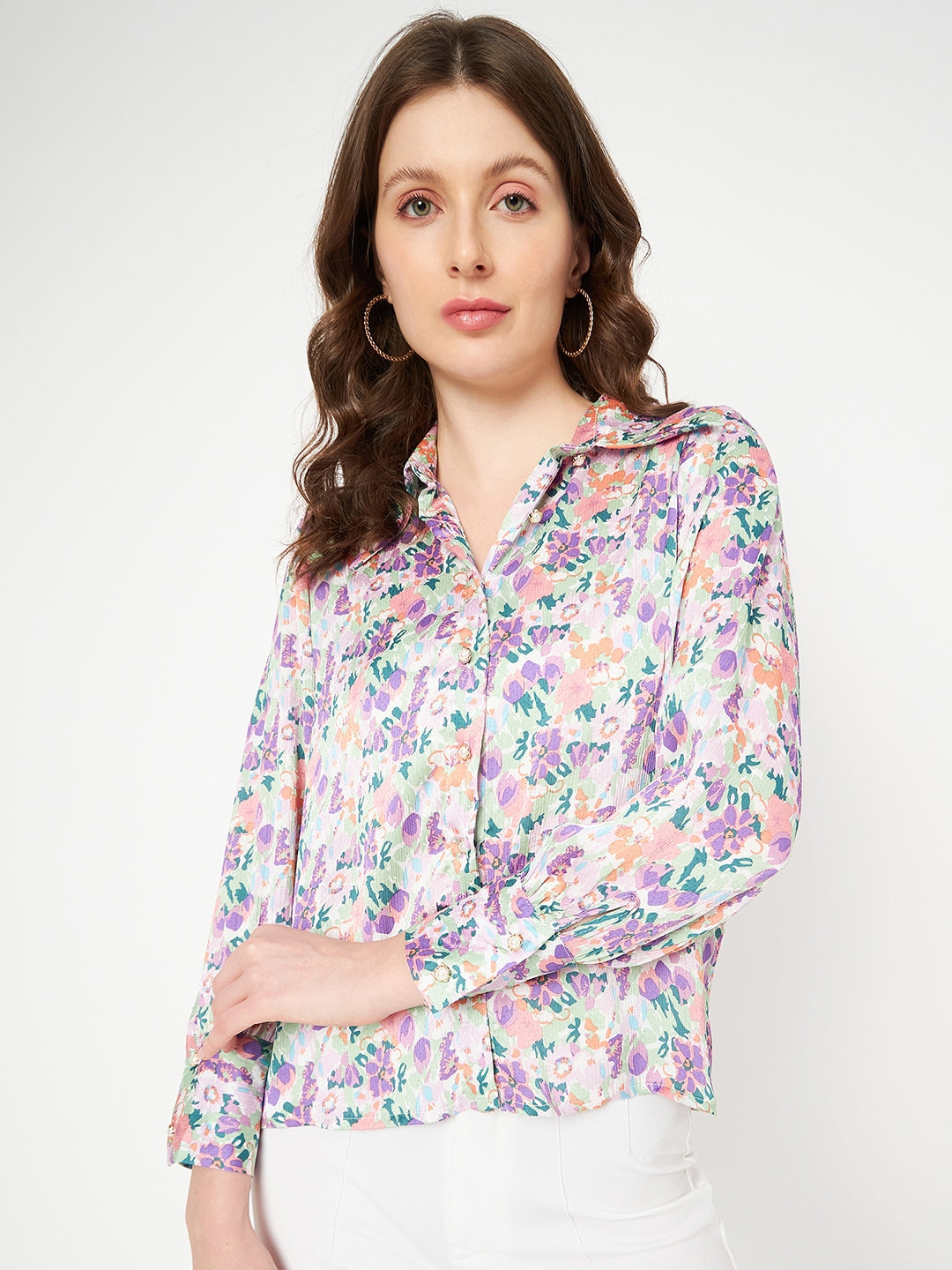 Madame All Over Floral Print Full Sleeve Purple Shirt