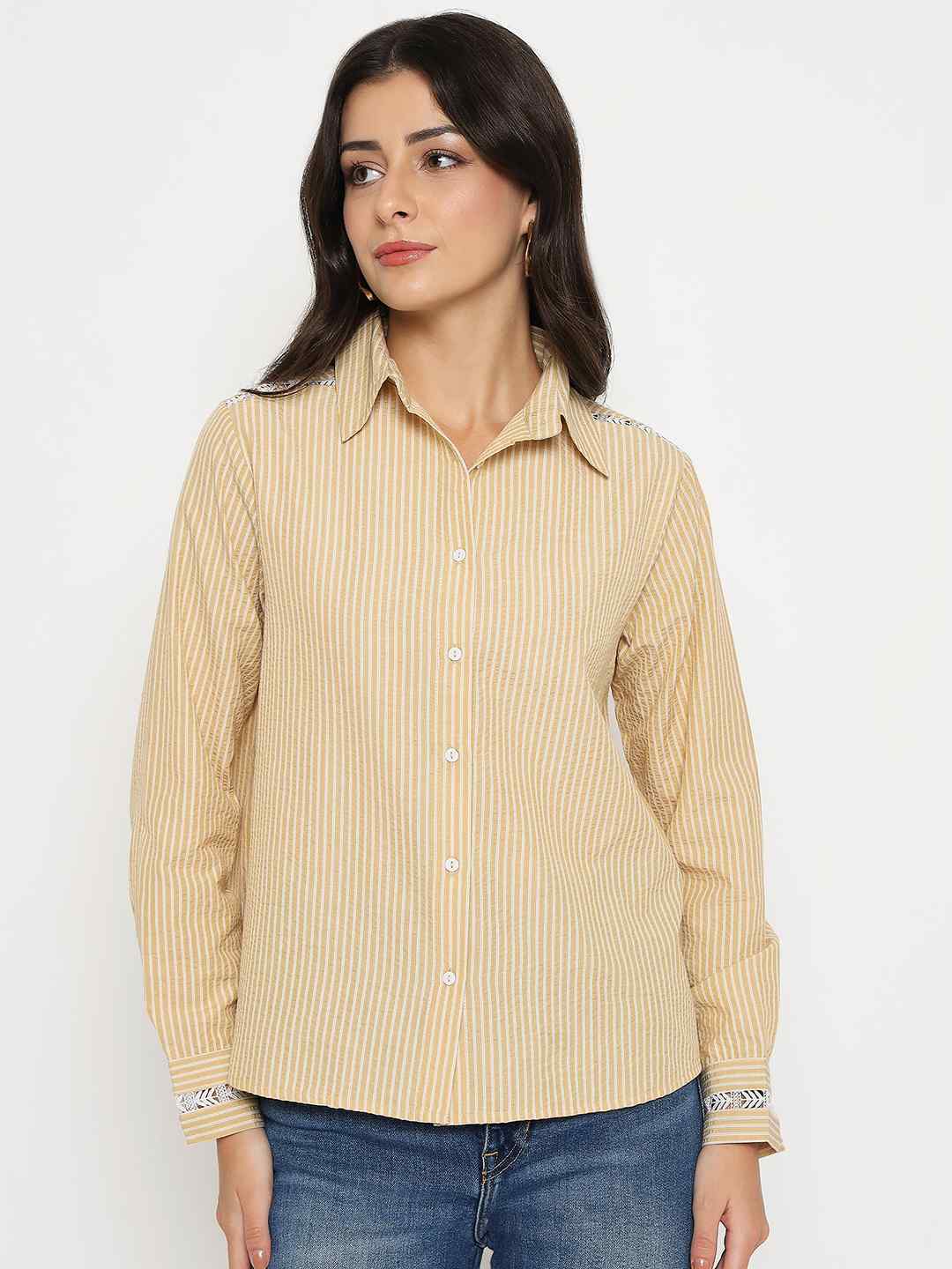Madame Textured Embroidered Accents Beige Shirt