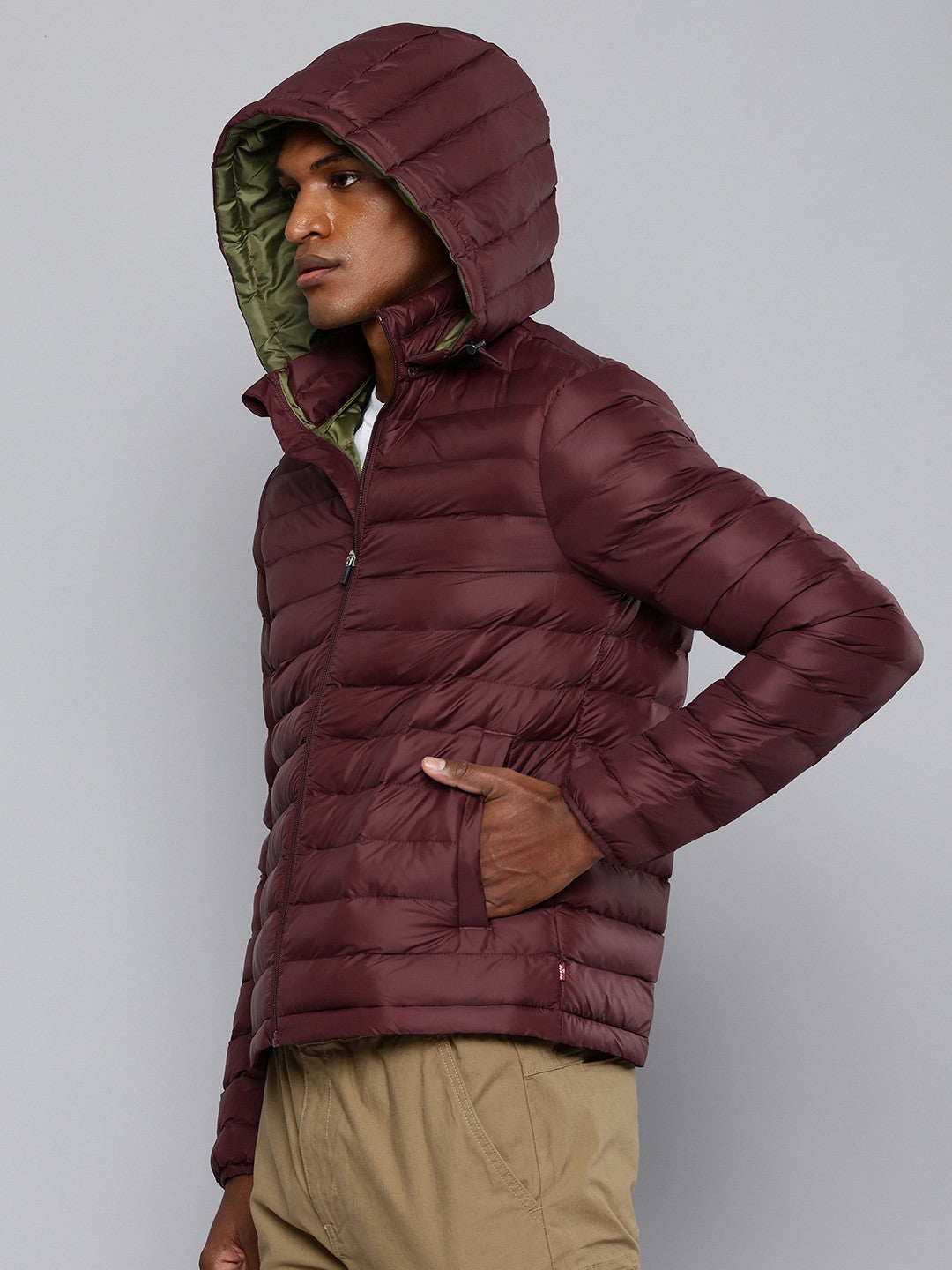 Men'S Quilted Maroon Hooded Puffer Jacket