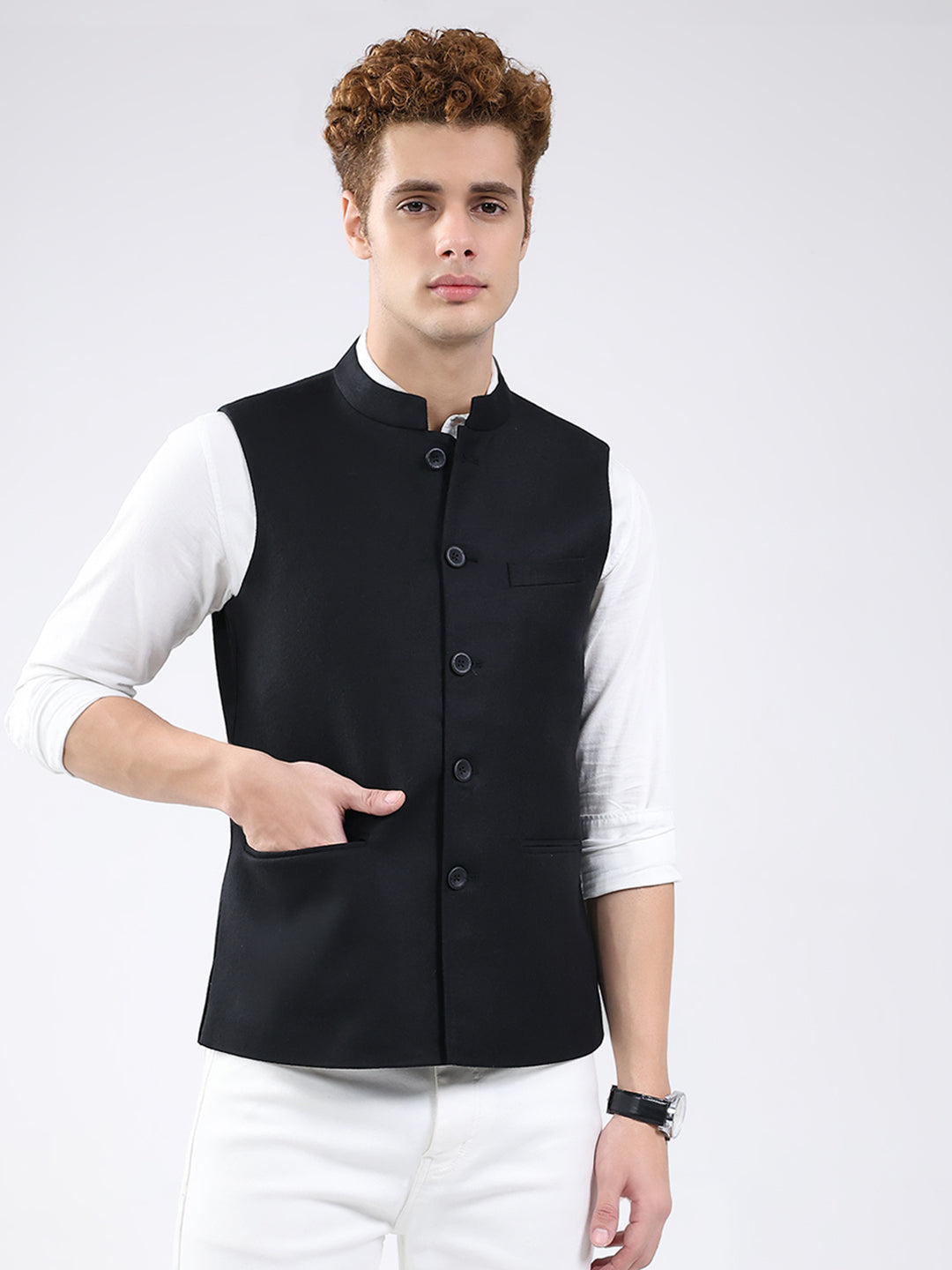 Men Black Solid Band Neck Sleeveless Jacket
