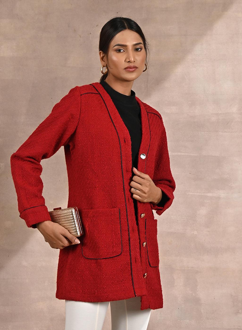 Red Long Sleeve Textured Jacket With Metallic Buttons