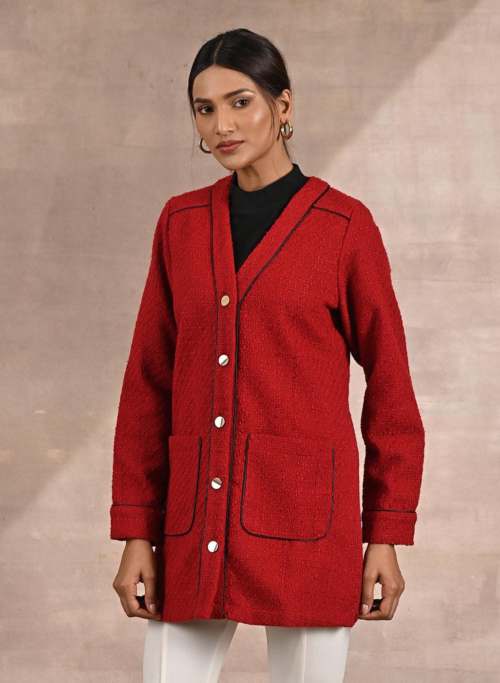 Red Long Sleeve Textured Jacket With Metallic Buttons
