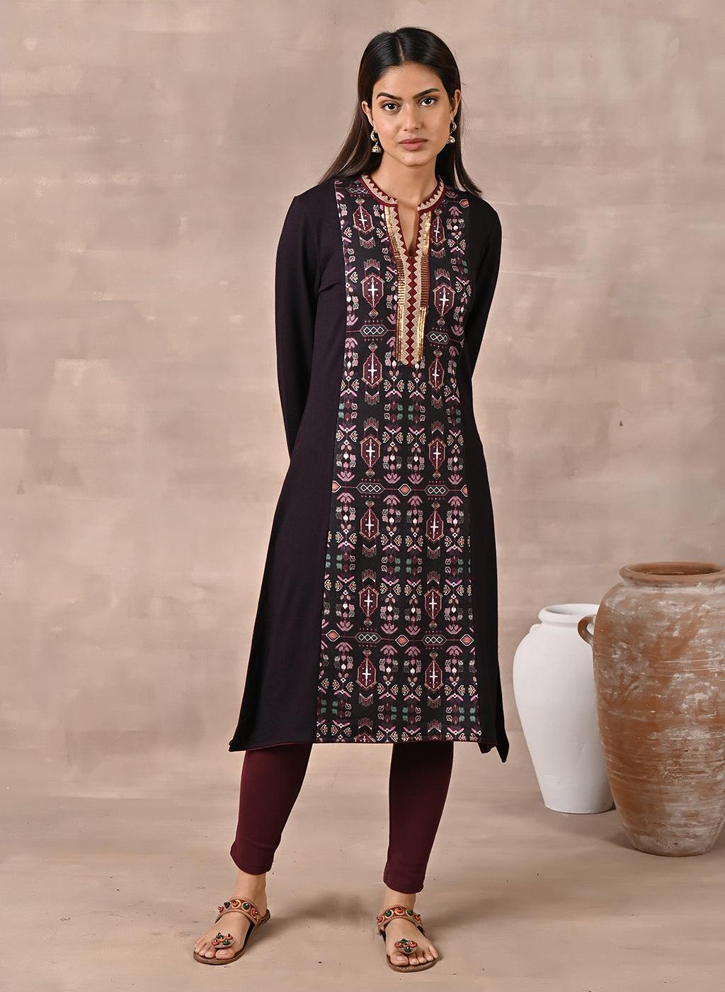 Purple Solid Kurta With Tribal Embroidery And Curved Hem