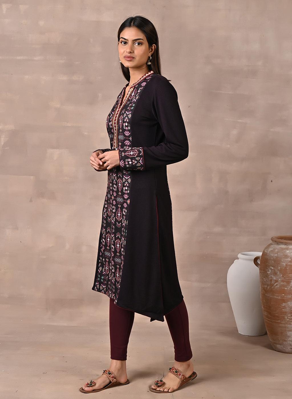 Purple Solid Kurta With Tribal Embroidery And Curved Hem