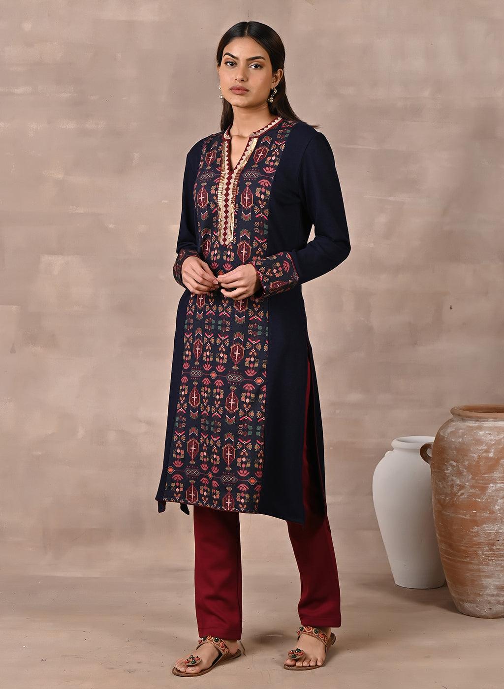 Midnight Blue Solid Kurta With Tribal Embroidery And Curved Hem