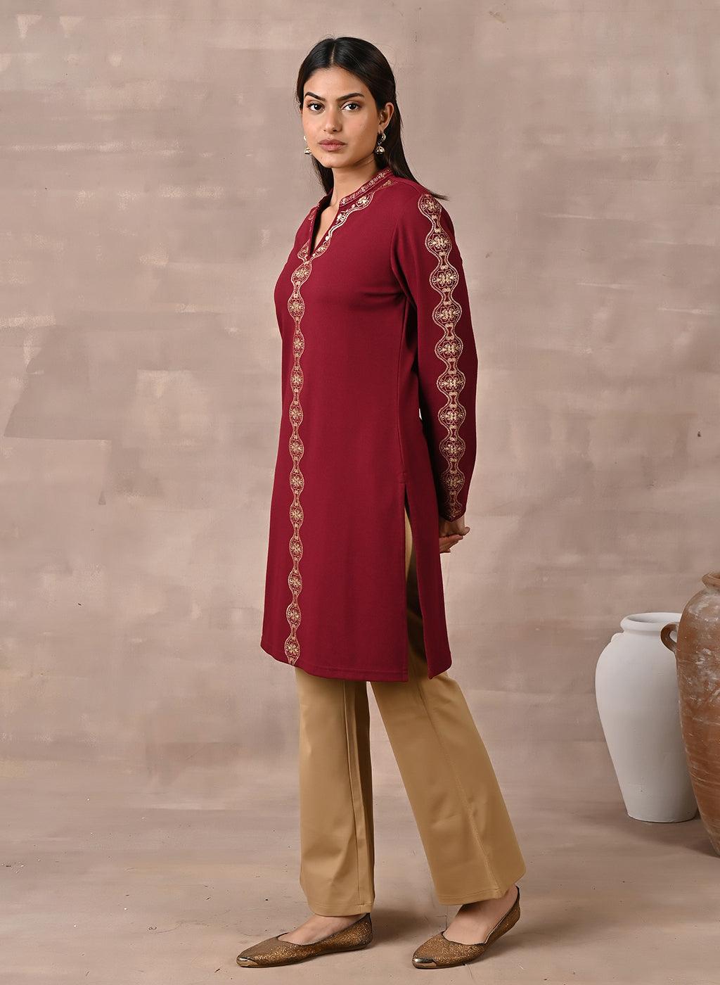 Maroon Solid Woolen Kurti With Foil Print