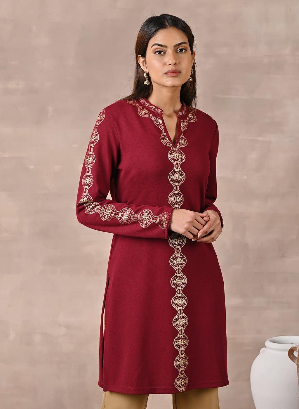 Maroon Solid Woolen Kurti With Foil Print