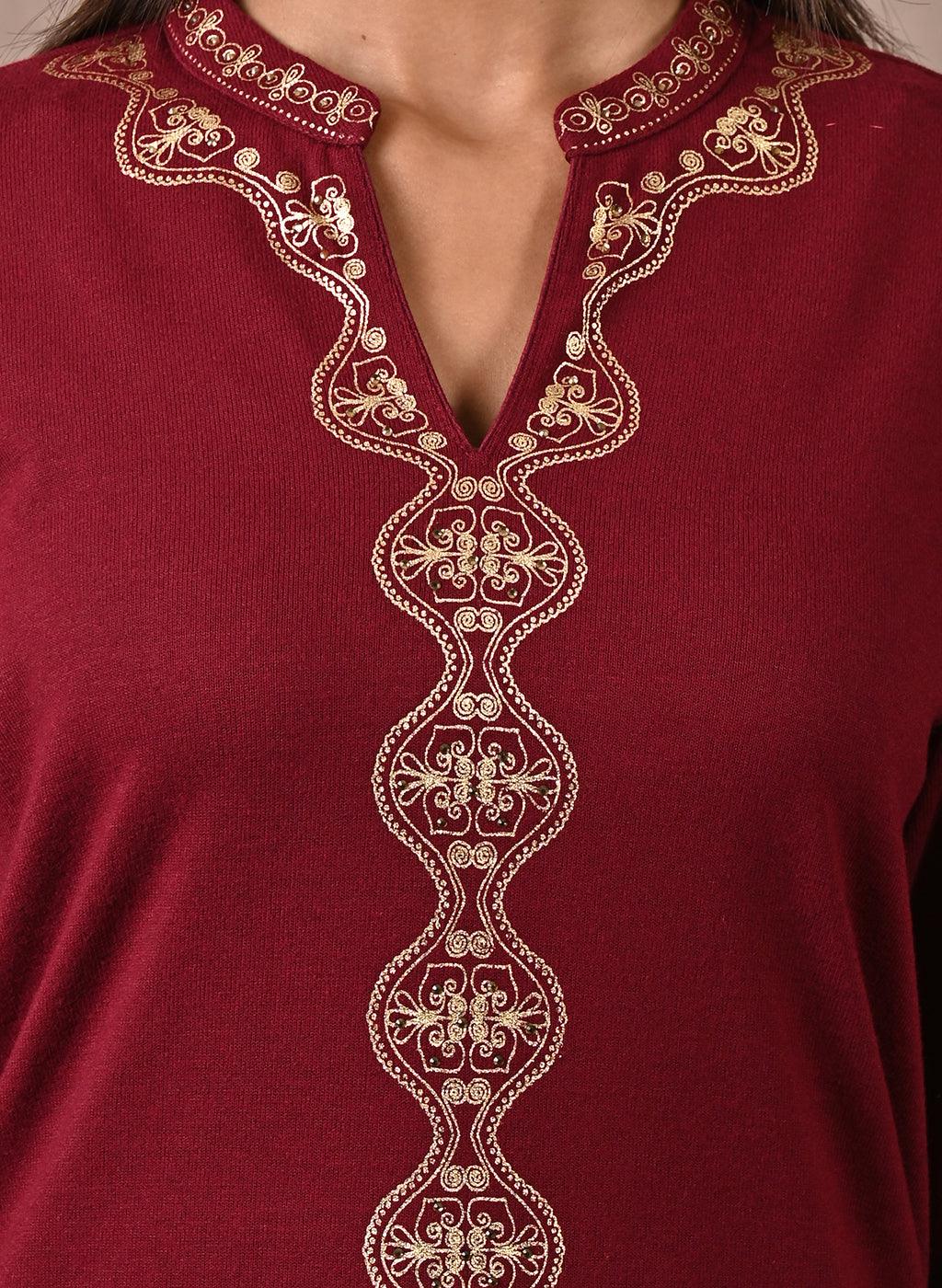 Maroon Solid Woolen Kurti With Foil Print