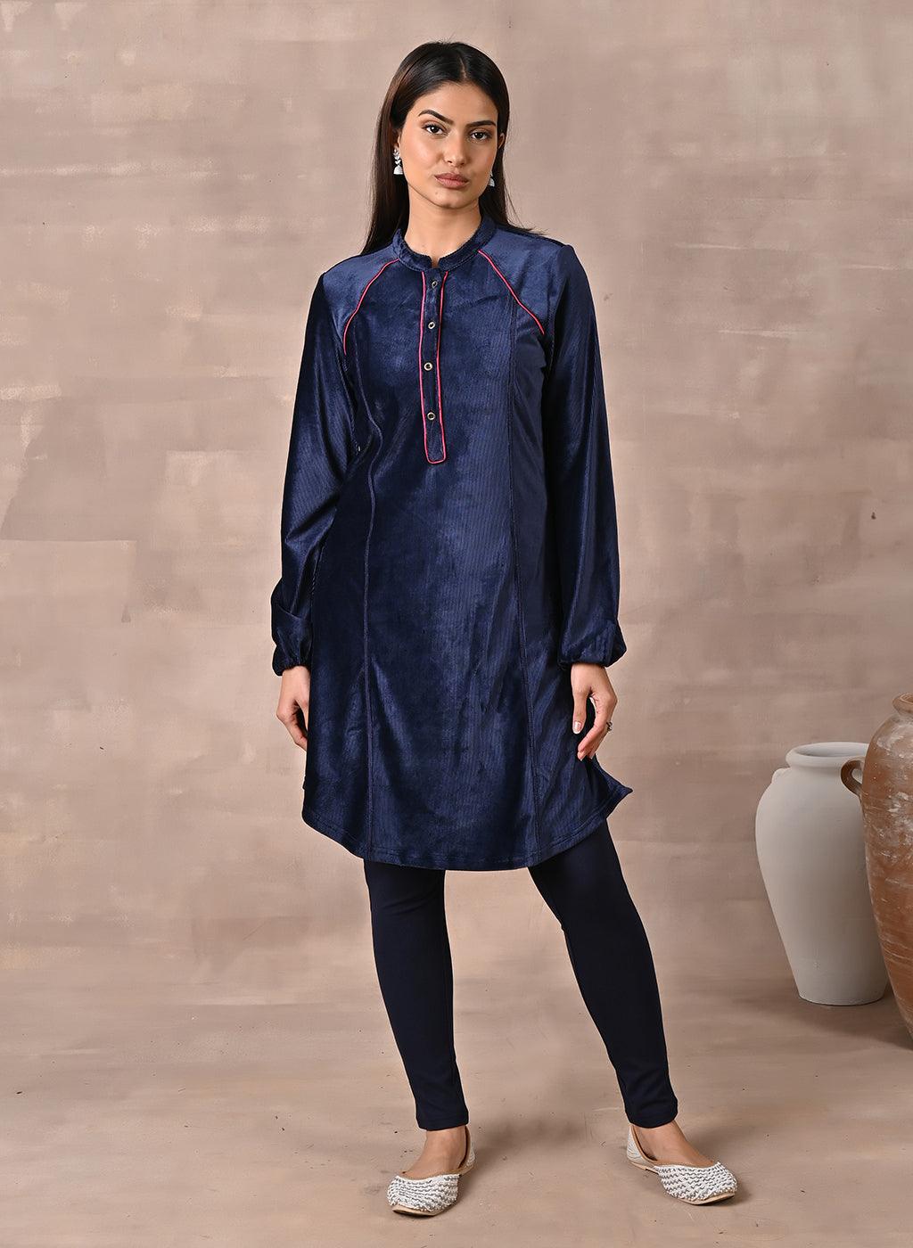 Navy Blue Princess Cut Solid Kurta With Gathered Sleeves