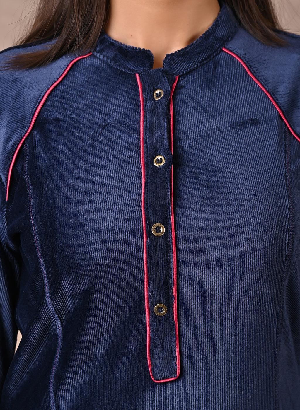 Navy Blue Princess Cut Solid Kurta With Gathered Sleeves