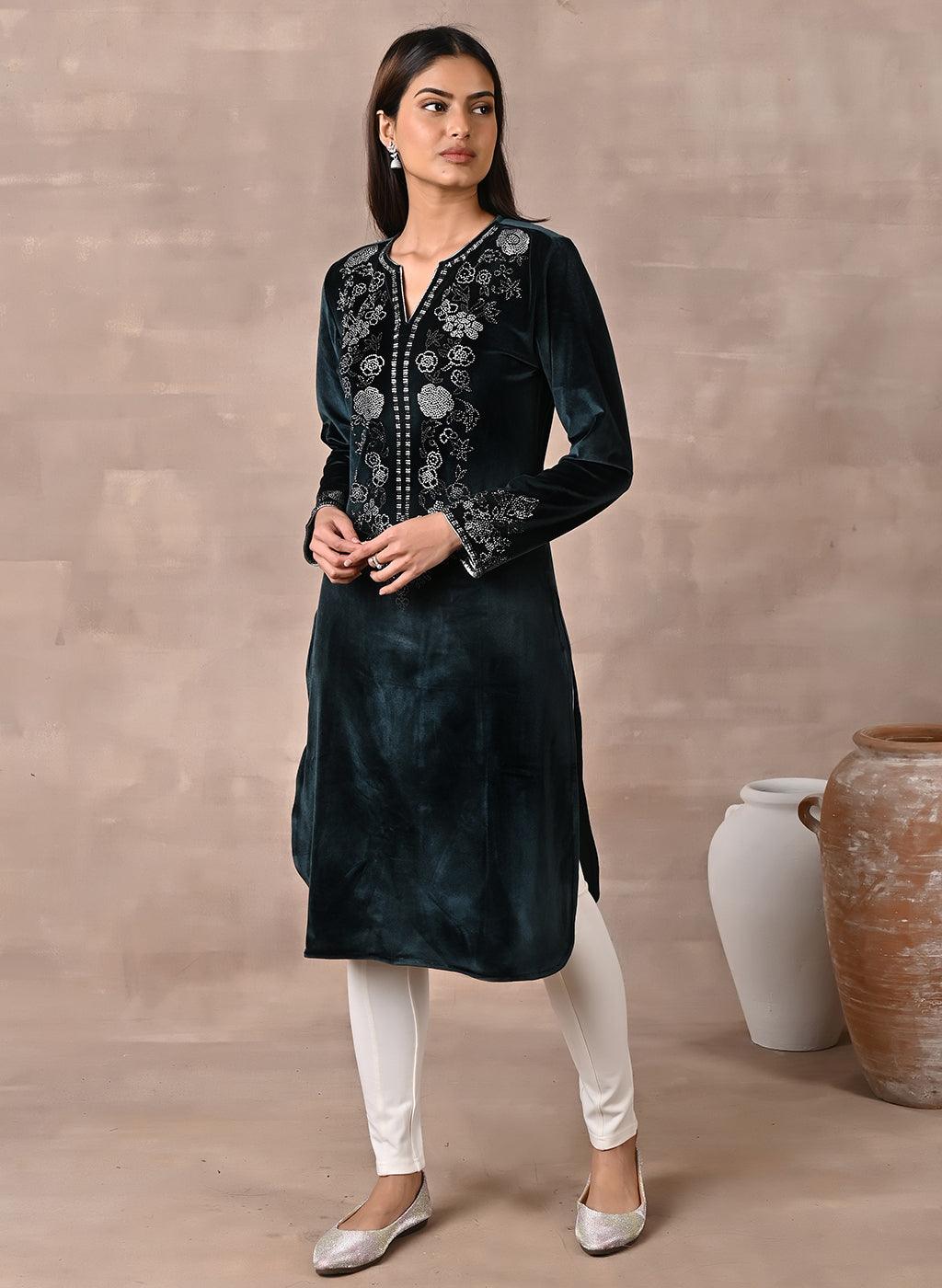 Green Velvet Kurta With Fine Mirror Beads Work
