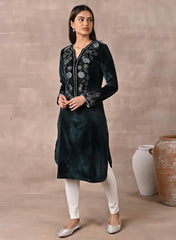 Green Velvet Kurta With Fine Mirror Beads Work